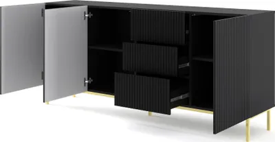 Obrázek produktu pro Komoda RAVENNA š 200 cm 3D3S rám ČERNÝ MAT / ČERNÝ MAT Příborník MDF 3 dvířka 3 zásuvky Vysoká skříňka s otevřenými policemi Bufet s frézovanými čely