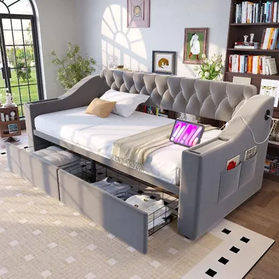 Produktbild von Polsterbett 90x190cm als Schlafsofa, Samtstoff in Hellgrau, mit USB-Ladeanschluss, integrierter Ablage in den Armlehnen und Stauraumschubladen