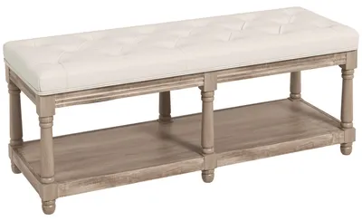 Image de Banc à chaussures - Rangement à chaussures - Banc d'entrée - Banc assise - Armoire à chaussures - Revêtement beige en lin - Bois d'hévéa
