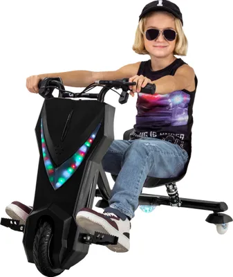 Produktbild von Kinder Elektro Drift Trike | Drift Scooter - Bis zu 15km/h - LED Driftrollen 360° - Hupe - Drosselbar (Schwarz)