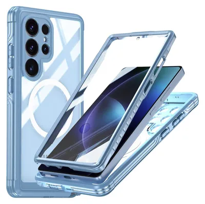 A disassembled phone case with a phone inside, showing its protective layers and magnetic ring.