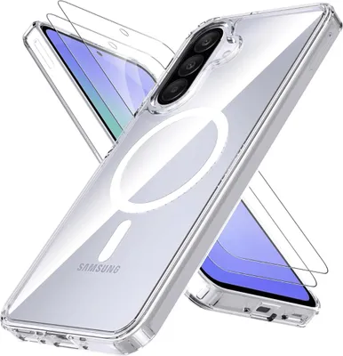 A clear phone case with a magnetic ring and two screen protectors are shown against a white background.