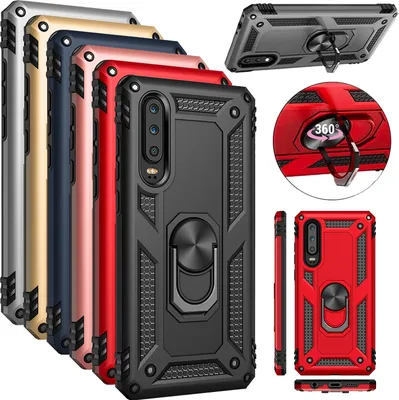 A collage of phone cases in various colors, with close-up views and a demonstration of a ring holder feature.