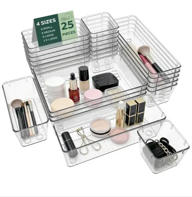 Produktbild von Set mit 25 Schubladenorganisatoren – Stapelbare, transparente Aufbewahrungsboxen