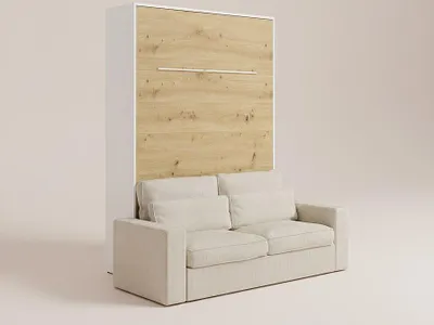 Produktbild von Schrankbett + Sofa - 160 x 200 cm - Manuelle vertikale Öffnung - Mit LED-Beleuchtung - Weiß & Holzfarben - RAPILI