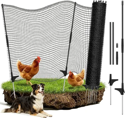 Produktbild von Mobiler Hühnerzaun als Weidezaun, 80 cm x 15 m, Hundezaun für Camping und Garten mit Pfosten, engmaschiges Netz für Hunde, Hühner und Kleintiere