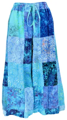 Produktbild von Bequeme Palazzohose, Weite Patchwork Boho Schlaghose, Wachsbatik Hosenrock - Blau, Damen, Viskose, Größe: XL