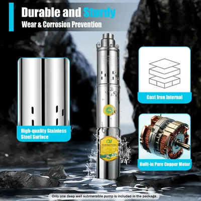 Image de Pompe à eau solaire - Pompe submersible pour puits profonds - 24 V - 370 W - Hauteur de refoulement 65 m - Acier inoxydable