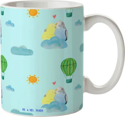 Produktbild von Mr. & Mrs. Panda Teetasse Wellensittich Liebe - Blau - Geschenk, Tasse, Vögel, Umarmen, Verknallt, Kaffeebecher, Umarmung, Kaffeetasse, Teebecher, Liebesgeschenk, Becher