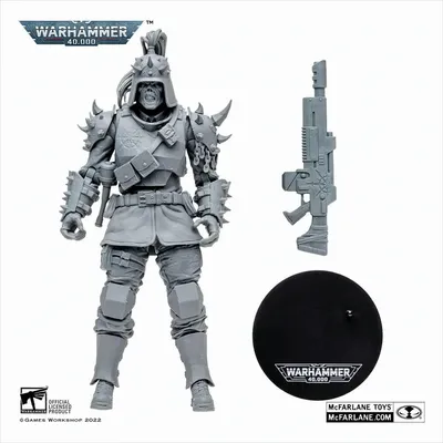 A grey action figure of a Warhammer 40k Darktide Traitor Guard, with a rifle and a display base, presented on a white background.
