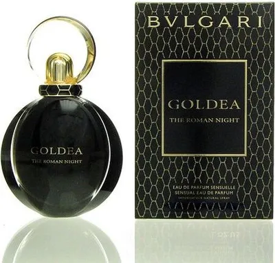 A perfume bottle and its packaging are displayed side-by-side on a white background.