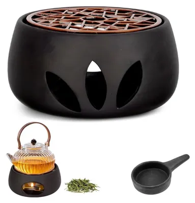 Produktbild von Stövchen Teewärmer Teekanne - Keramik - Durchmesser 12,6 cm - Mit Teelichthalter und Untersetzer - Für Tee und Kaffee