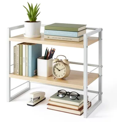 Immagine prodotto di Scaffale organizer da scrivania in legno bianco, contenitore per libri, ideale per ufficio e come elemento d'arredo