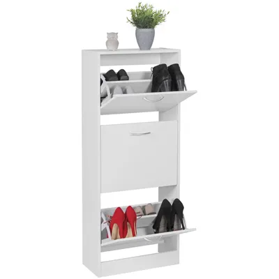 A white shoe cabinet with shoes stored inside, placed on a white background.
