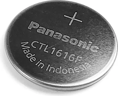 A close-up, top-down view of a single Panasonic CTL1616F coin cell battery.