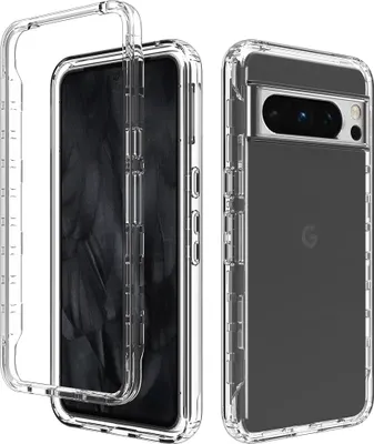 A clear protective case for a Google Pixel 8 Pro phone, shown from two angles.