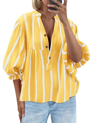 Produktbild von Gestreiftes Sommer-Shirt mit V-Ausschnitt für Damen – Babydoll-Top mit Puffärmeln