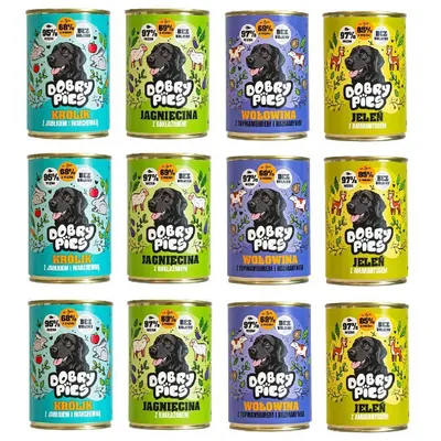 Zdjęcie produktu dla Dobry Pies mokra karma dla psa mix smaków królik, jagnięcina, wołowina, jeleń 12x400g