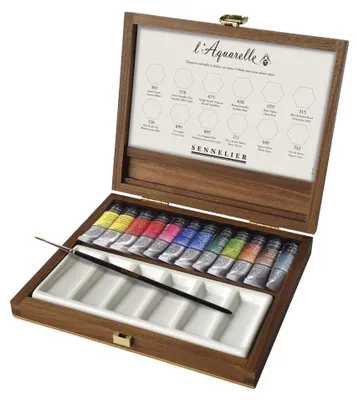 Aquarellfarben-Set, 12x10 ml, in Walnussholzbox mit Pinsel & Palette