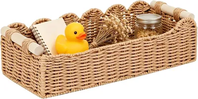 Obrázok produktu pre Pletený úložný kôš s drevenými rúčkami, hnedý, 1 kus, vhodný do kuchyne a kúpeľne