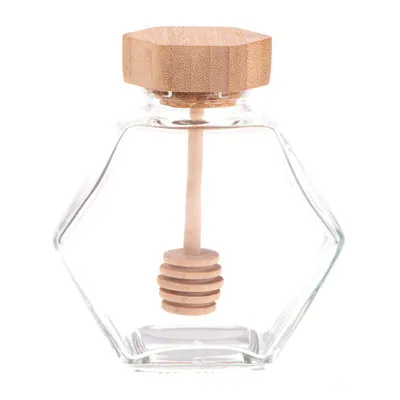 Produktbild von Sechseckiges Honigglas 250 ml mit Honiglöffel im Deckel, 11 x 9,5 x 5 cm