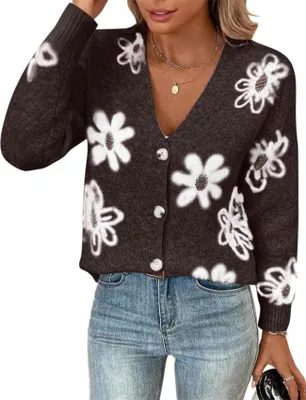 Produktbild von ASKSA Damen Strickjacke V-Ausschnitt Langarm Lose Blumenmuster Knopf Offene Cardigan Strickpullover (Dunkelbraun,XL)