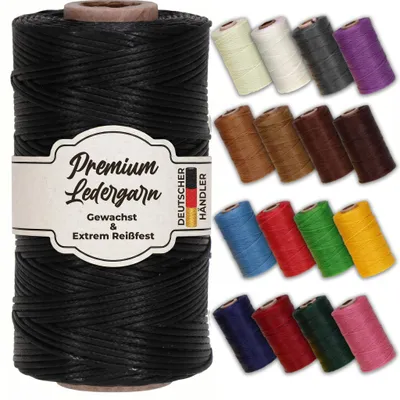 Produktbild von Ledergarn gewachst schwarz 1mm x 0,3mm I Sattlergarn - gewachster Faden aus Polyester stabil & haltbar I Wachsgarn Forellenfaden Outdoor Nähgarn in Profiqualität