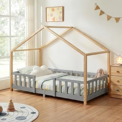 Produktbild von Kinderbett ’Treviolo‘ in Haus-Optik mit Rausfallschutz Kiefernholz 90 x 200 cm Hellgrau / Weiß