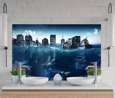 Produktbild von Myphotostation Glasrückwand mit Unterwasserstadtbild, 71,1 x 45,7 cm (B x H), aus gehärtetem Glas für Küche, Herd und Wandpaneel