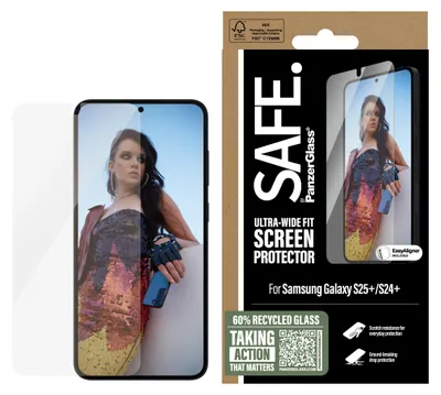 Zdjęcie produktu dla PanzerGlass SAFE. by ® Screen Protector Samsung Galaxy S25+ | S24+ | Ultra-Wide Fit w. EasyAligner, Samsung, Samsung - Galaxy S25+, Samsung - Galaxy S24 Plus, Aplikacja na sucho, Odporny na zadrapania, Odporny na wstrząsy, Przezroczysty, 1 szt.