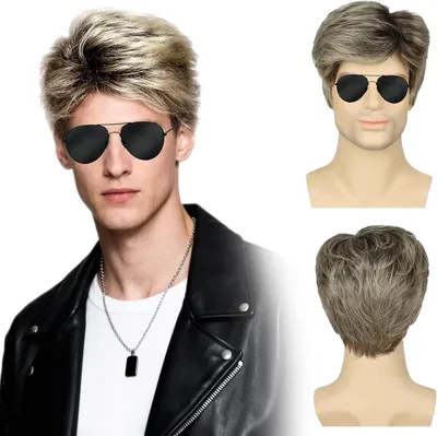Produktbild von Blonde Mullet Perücke für Herren, Kurze Synthetische Perücke, für Party, 70er/80er Jahre Stil