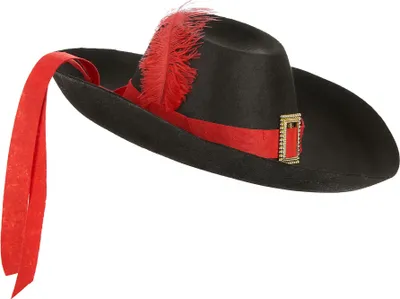 A black musketeer hat with a red feather and red ribbon.