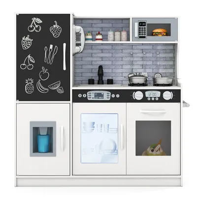 Immagine prodotto di Cucina per bambini COSTWAY, cucina da gioco in legno con accessori, lavagna, microonde, gelatiera, lavastoviglie e forno, cucina in legno per bambini a partire da 3 anni (giallo)