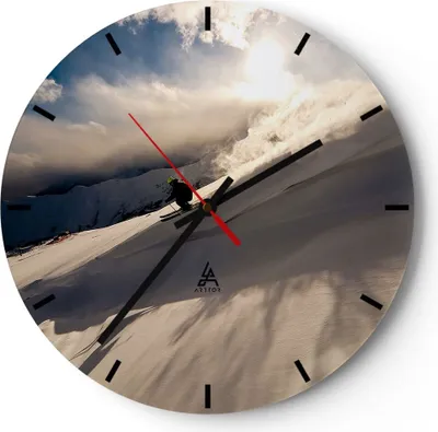 Produktbild von Wanduhr - Rund - Glasuhr - Berge Ski Winter - 30x30cm - Schleichendes Uhrwerk - Lautlos - zum Aufhängen bereit - Dekoration Modern - Wanddekoration aus Glas - C3AR30x30-0511