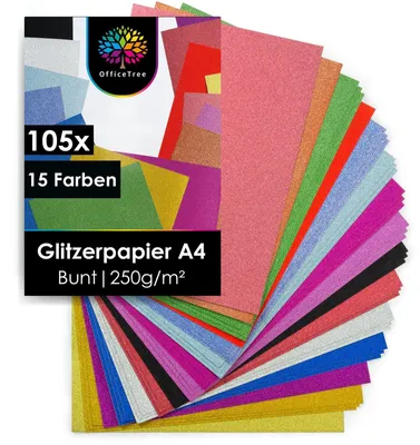 Produktbild von OfficeTree Glitzer Papier A4 - 105 Blätter in 15 Farben mit 250g/m²