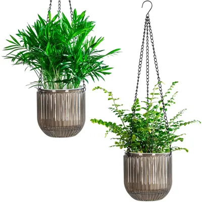 Image de Pot d'intérieur à arrosage automatique, 13 cm, lot de 2, avec trous de drainage, à suspendre à l'extérieur, panier à fleurs, niveau d'eau visible, suspension pour plantes