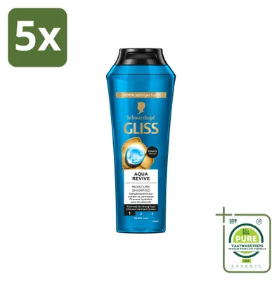 Immagine prodotto di 5 flaconi di shampoo Gliss Aqua Revive, per capelli idratati, da 250 ml ciascuno. Confezione grande, 5 pezzi