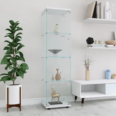 Image de Vitrine à 4 étagères avec porte en verre trempé, sur pied, Bibliothèque et vitrine décorative pour salon, chambre ou bureau