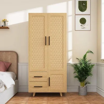 Zdjęcie produktu dla Szafa z rattanu - 3 drzwi i 2 szuflady - 80 x 52 x 166 cm
