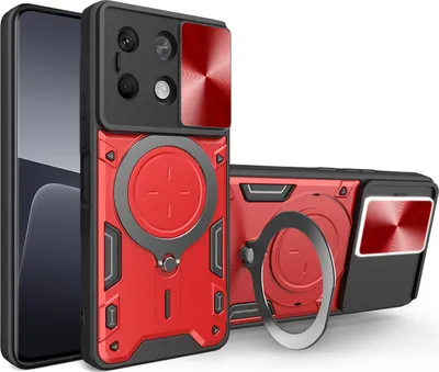 Produktbild von Handyhülle für Xiaomi Redmi Note 13 5G Dual-Layer Stoßfest Rüstung Hülle mit Dia Kameraschutz und Kreisförmig Ring Ständer Rot