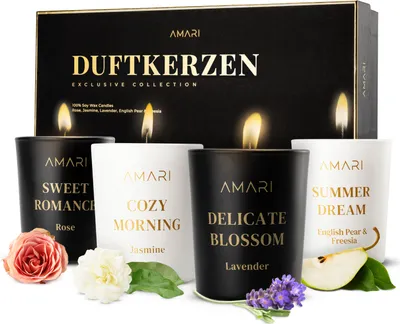 Produktbild von AMARI ® Duftkerzen Geschenkset als Weihnachtsgeschenke - 4er Kerzenset - Scented Candle - Kerzen Geschenkset Frauen - Duft Kerzen - Duftkerzen im Glas