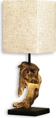 A table lamp with a driftwood base and a beige fabric lampshade, presented on a white background.