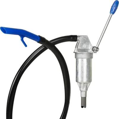 A close-up shot of a lever cylinder pump with a black hose and a blue nozzle.