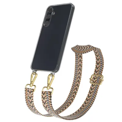 Zdjęcie produktu dla Łańcuszek do telefonu komórkowego EAZY CASE - regulowany pasek kompatybilny z Samsung Galaxy A55, sznurek do telefonu komórkowego z przezroczystą silikonową osłoną, pasek w kolorze brązowym