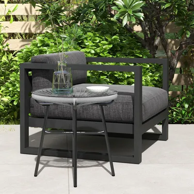 Produktbild von Gartentisch PE-Rattan Boho, Beistelltisch Outdoor Glastisch, Polyrattan Metall, Grau | 50 x 50 x 50 cm | 5 mm Hartglas | wetterfest