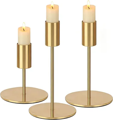 Produktbild von 3 Kerzenständer, goldene Kerzenhalter für Stabkerzen aus Metall, goldener Kerzenständer in den Größen 8,5/14/16 cm, Tischdekoration für Hochzeit, Geburtstag