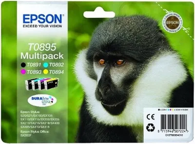 The image shows the packaging of Epson T0895 multipack ink cartridges, featuring a close-up of a monkey's face.