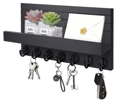 Produktbild von Schlüsselbrett aus Holz mit Ablage und 7 Schlüsselhaken, schwarz
