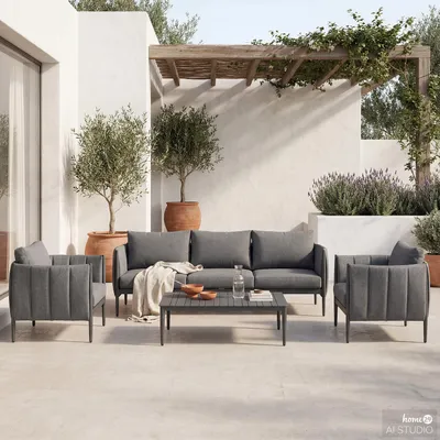 Produktbild von home24 Loungeset - 4-teilig - Stahl / Polyester - Dunkelgrau