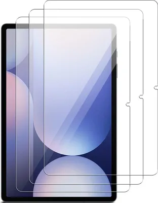 Three transparent screen protectors are layered on top of each other, with the bottom one partially covering a tablet screen.
